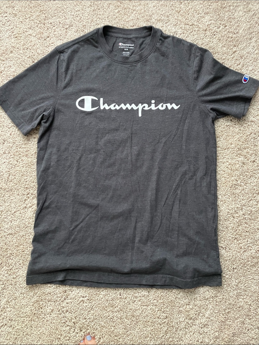 Champion Dark Gray Short-Sleeve Logo Tee with White Script